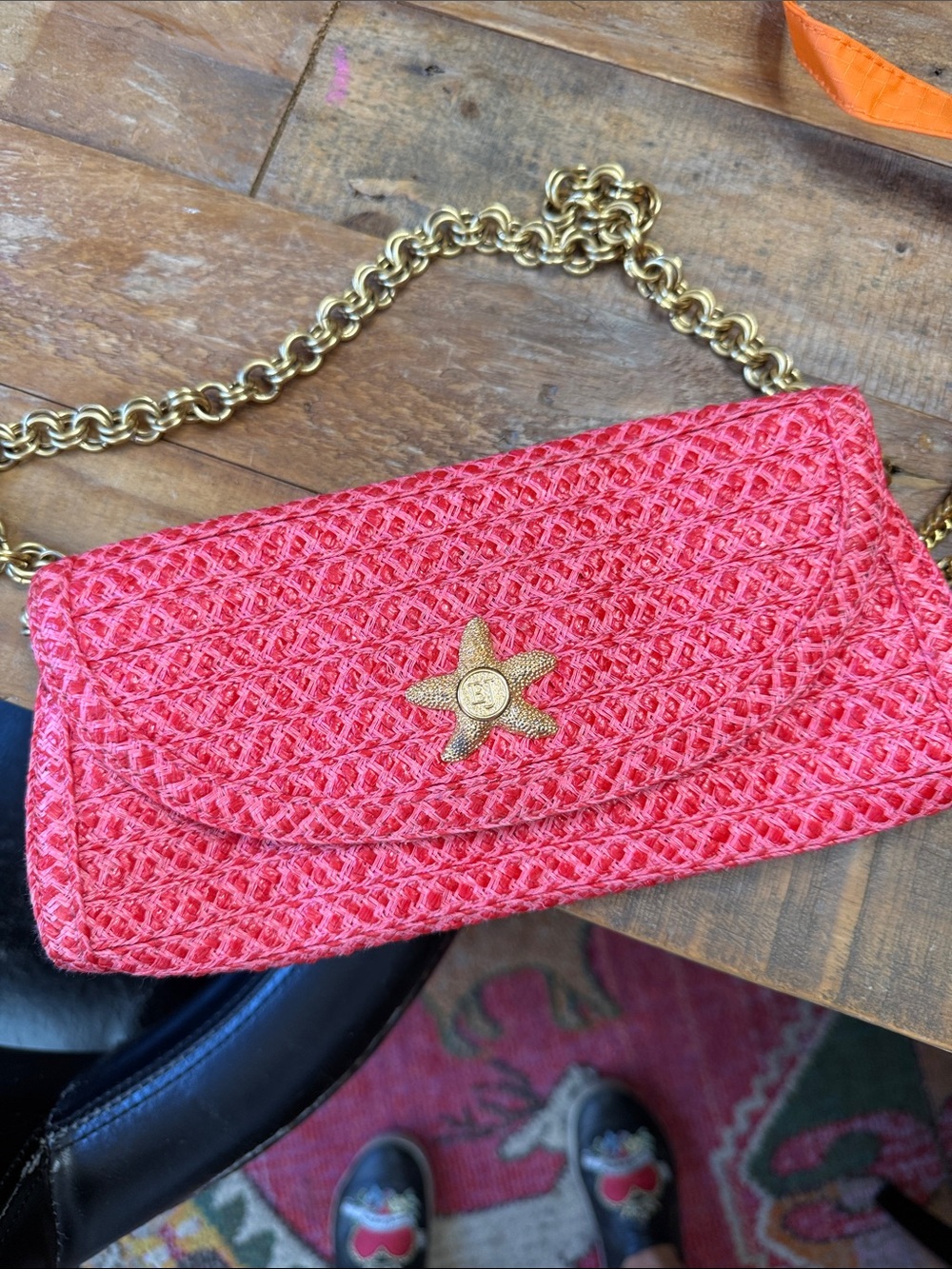 Eric Javits Coral Woven Crossbody with Gold Starfish Accent